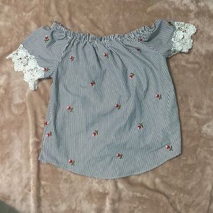 Off-the-shoulder Striped Top with Lace and Rose Detail